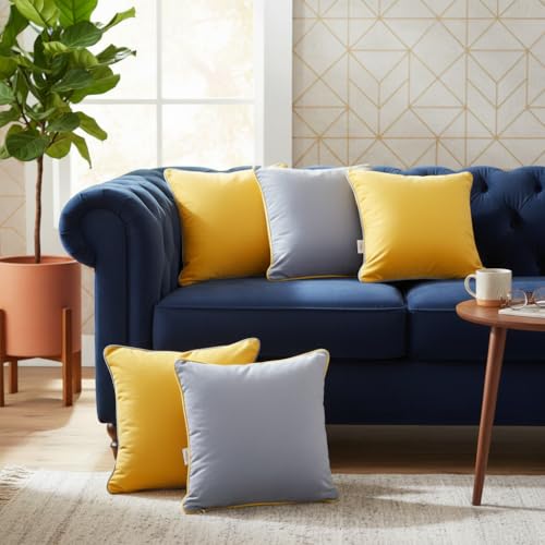 STITCHNEST Velvet Grey & Yellow Cushion Covers Set of 5 | Solid Color Both-Side Design with Piping | Soft & Premium Finish | 16x16 Inches | Sofa & Living Room Décor - Image 4