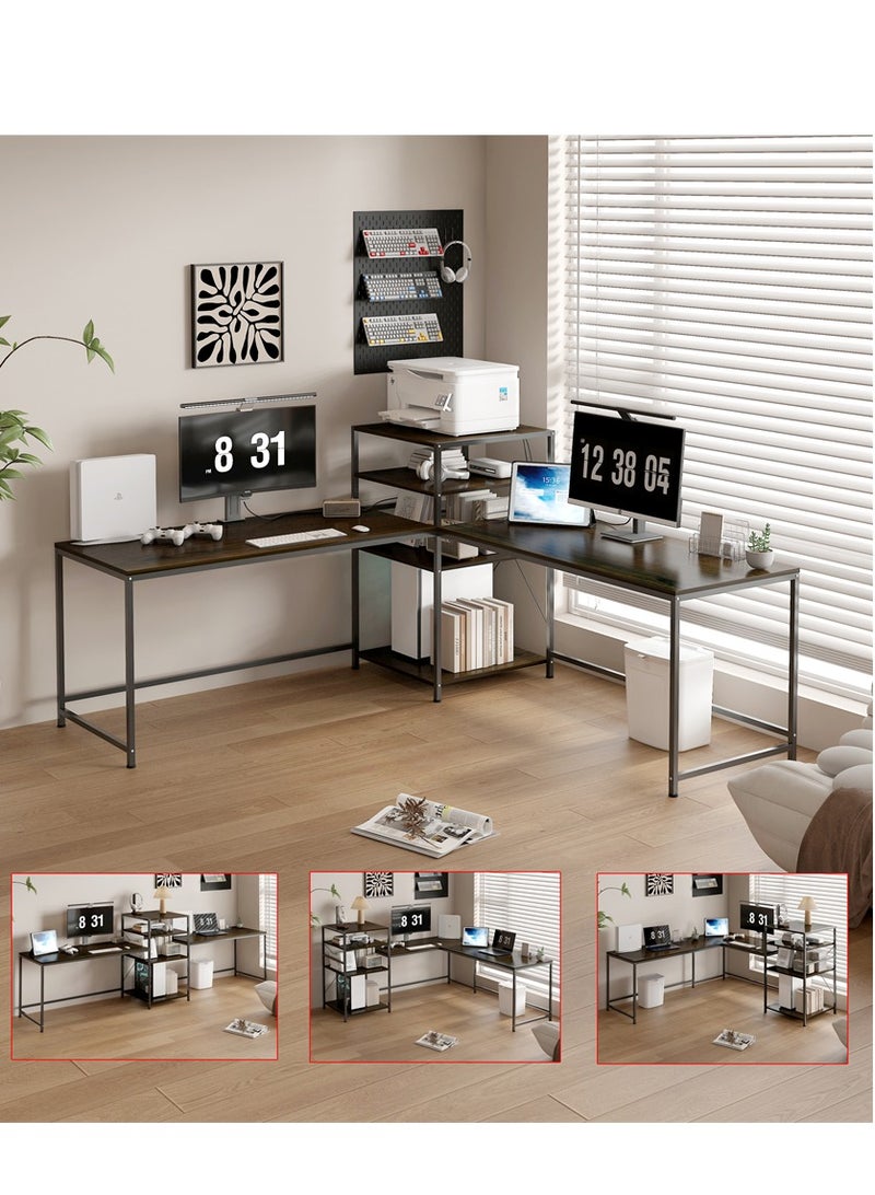 L-Shaped Computer Table, Multifunctional Industrial Office Corner Desk with Storage Shelves, Multimodal Gaming Table Workstation Laptop Pc Desk for Home Office, Space-Saving (Black, YN122) - Image 1