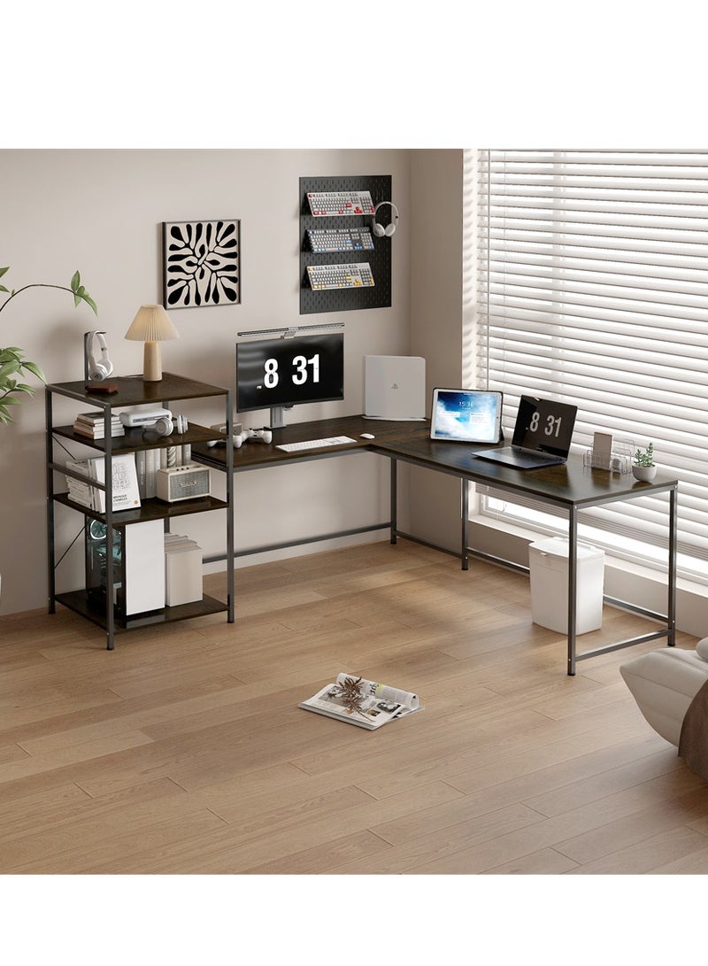 L-Shaped Computer Table, Multifunctional Industrial Office Corner Desk with Storage Shelves, Multimodal Gaming Table Workstation Laptop Pc Desk for Home Office, Space-Saving (Black, YN122) - Image 2