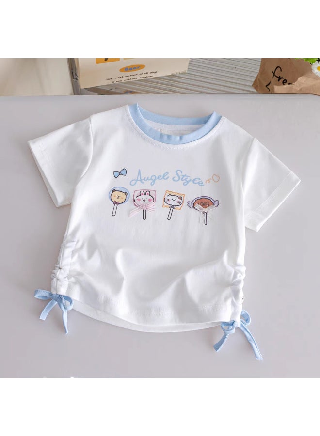 Girls' Cartoon Short-sleeved Summer New Style Cute Drawstring Stylish T-shirt For Baby Girls Versatile Casual Color-blocked Top Trendy