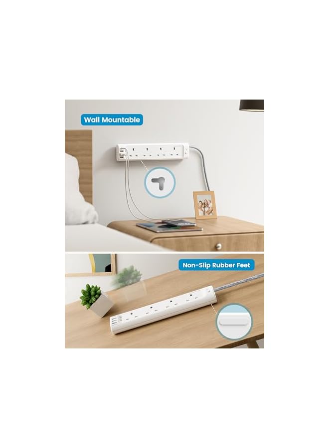 promass 3M Extension Lead with USB Slots, 4 Way Outlets Power Strip with 4 USB Ports, Multi Power Plug Extension with 3M Braided Extension Cord for Home Office, 3250W 13A - Image 5