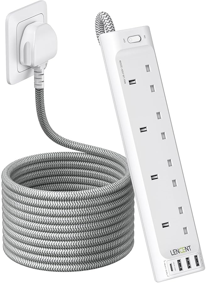 promass 3M Extension Lead with USB Slots, 4 Way Outlets Power Strip with 4 USB Ports, Multi Power Plug Extension with 3M Braided Extension Cord for Home Office, 3250W 13A - Image 1