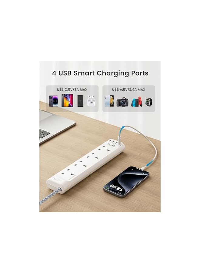 promass 3M Extension Lead with USB Slots, 4 Way Outlets Power Strip with 4 USB Ports, Multi Power Plug Extension with 3M Braided Extension Cord for Home Office, 3250W 13A - Image 3