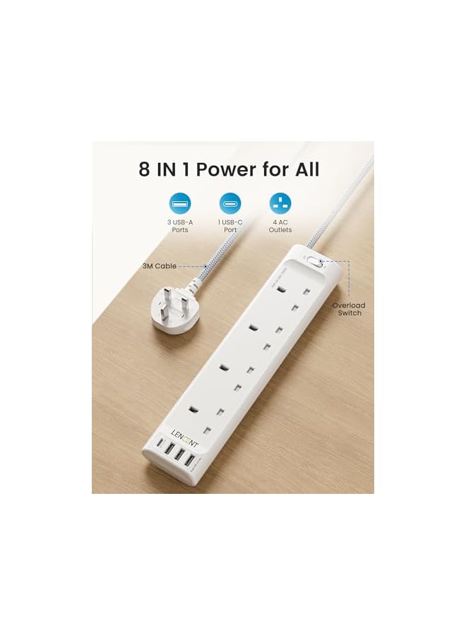 promass 3M Extension Lead with USB Slots, 4 Way Outlets Power Strip with 4 USB Ports, Multi Power Plug Extension with 3M Braided Extension Cord for Home Office, 3250W 13A - Image 2