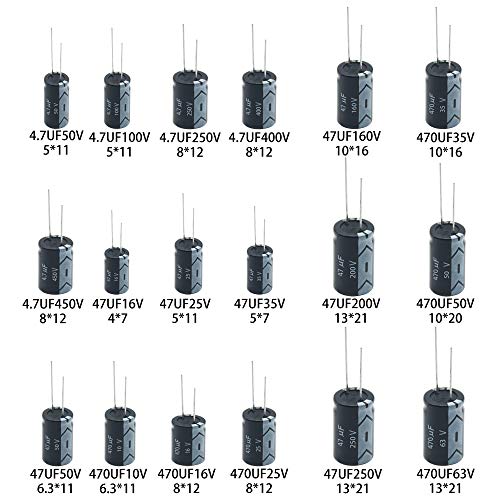 XUANSN Electrolytic Capacitor 4.7uF 47uF 470uF 10V 16V 25V 50V 63V 100V 160V 200V 250V 400V 450V Capacitors Kit 18Value 270Pcs for Repair Household Appliances Communication Equipment Electronic Toy - Image 2