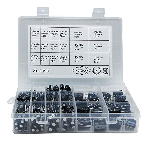 XUANSN Electrolytic Capacitor 4.7uF 47uF 470uF 10V 16V 25V 50V 63V 100V 160V 200V 250V 400V 450V Capacitors Kit 18Value 270Pcs for Repair Household Appliances Communication Equipment Electronic Toy - Image 5