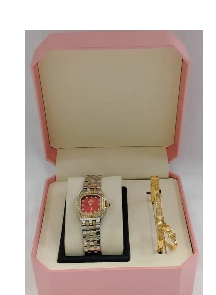 Women's watch with a bracelet and a ring made of zircon
