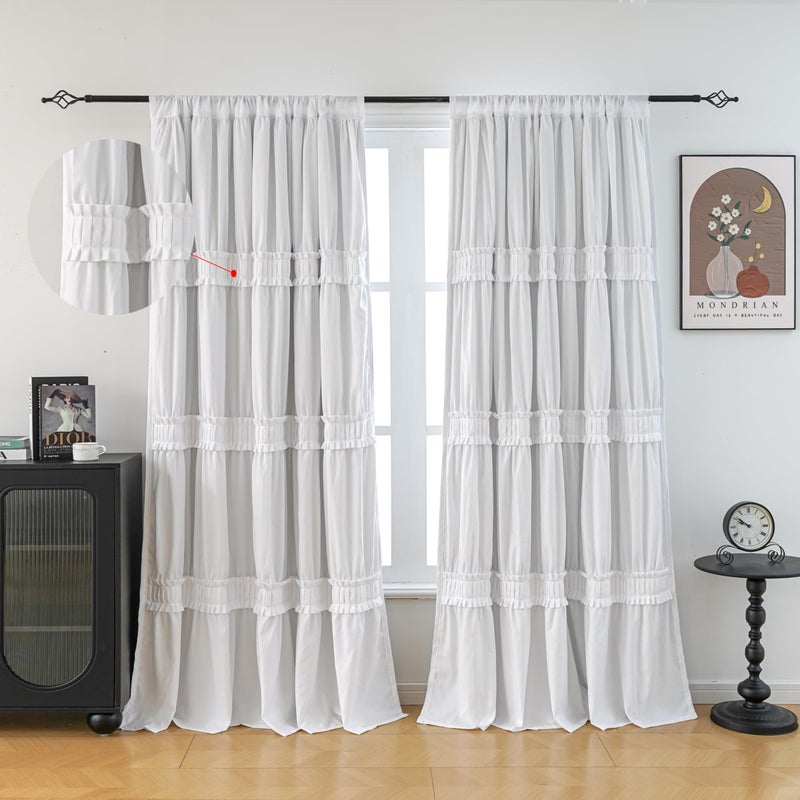 Seibeh Tex Thermal Insulated Blackout Window Curtains, 52" W x 84" L x 2 Panels, Boho Ruched Window Treatments with 3 Rows of Ruffle, Rustic Rod Pocket Drapes for Bedroom (White, 84" L x 52" W) - Image 2