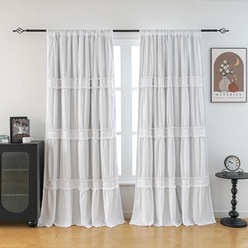 Seibeh Tex Thermal Insulated Blackout Window Curtains, 52" W x 84" L x 2 Panels, Boho Ruched Window Treatments with 3 Rows of Ruffle, Rustic Rod Pocket Drapes for Bedroom (White, 84" L x 52" W) - Image 1