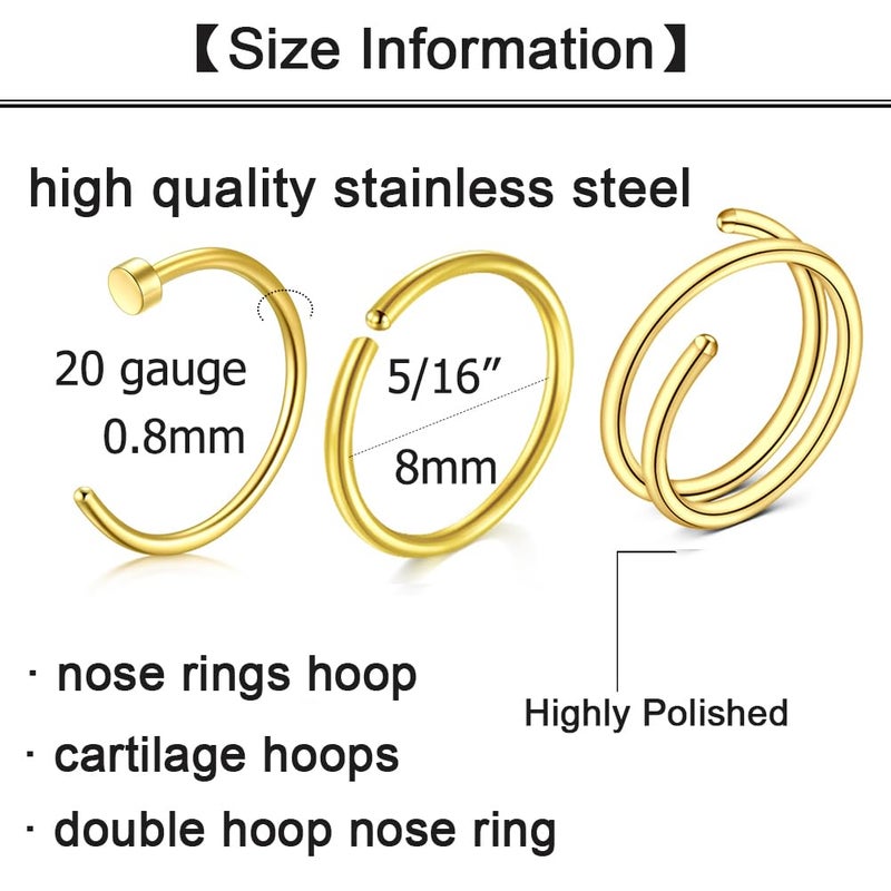 Longita Nose Rings Nose Piercings Gold Nose Rings Hoops Nose Ring Surgical Steel Nose Ring 20g Nose Piercing Jewelry Double Hoop Nose Rings for Women - Image 2