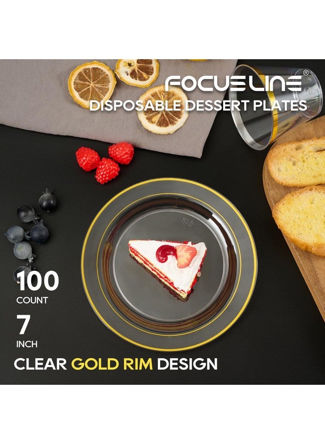 FOCUSLINE أطباق بلاستيكية شفافة ذهبية 100 قطعة بحجم 7 بوصة، أطباق شفافة ثقيلة الاستخدام ذات حافة ذهبية، أطباق بلاستيكية صلبة فاخرة للتخلص منها لأطباق السلطة في حفلات الزفاف - Image 2
