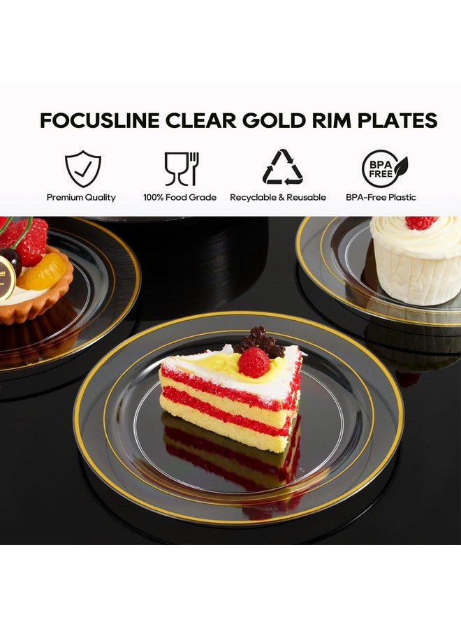 FOCUSLINE أطباق بلاستيكية شفافة ذهبية 100 قطعة بحجم 7 بوصة، أطباق شفافة ثقيلة الاستخدام ذات حافة ذهبية، أطباق بلاستيكية صلبة فاخرة للتخلص منها لأطباق السلطة في حفلات الزفاف - Image 4