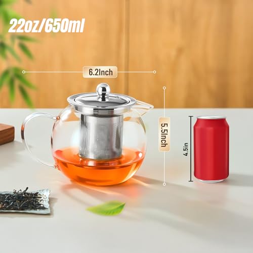 Baalaka Glass Teapot Stovetop 22 OZ/650ml, Tea pot with Removable 18/8 Stainless Steel Infuser, Borosilicate Clear Tea Kettle, Teapot Blooming and Loose Leaf Tea Maker Tea Brewer for Camping, Travel - Image 2