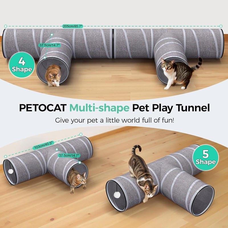 PETOCAT Cat Tunnel 4 Way with Teaser Wand & 2 Plush Ball, 5 Shapes Available, 54/80.7" L, H-Shaped Collapsible Pet Play Tube Maze for Kitten Puppy Bunny Ferret Rabbit, Indoor/Outdoor Peekabo Cave - Image 5