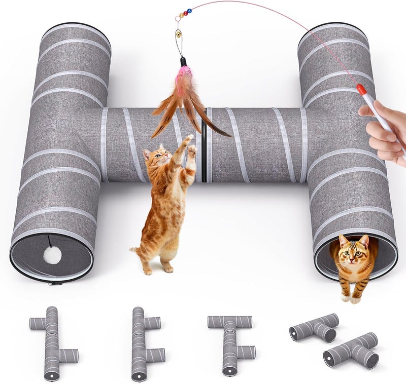 PETOCAT Cat Tunnel 4 Way with Teaser Wand & 2 Plush Ball, 5 Shapes Available, 54/80.7" L, H-Shaped Collapsible Pet Play Tube Maze for Kitten Puppy Bunny Ferret Rabbit, Indoor/Outdoor Peekabo Cave - Image 1