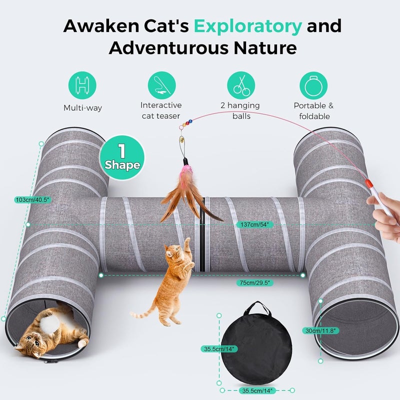 PETOCAT Cat Tunnel 4 Way with Teaser Wand & 2 Plush Ball, 5 Shapes Available, 54/80.7" L, H-Shaped Collapsible Pet Play Tube Maze for Kitten Puppy Bunny Ferret Rabbit, Indoor/Outdoor Peekabo Cave - Image 2