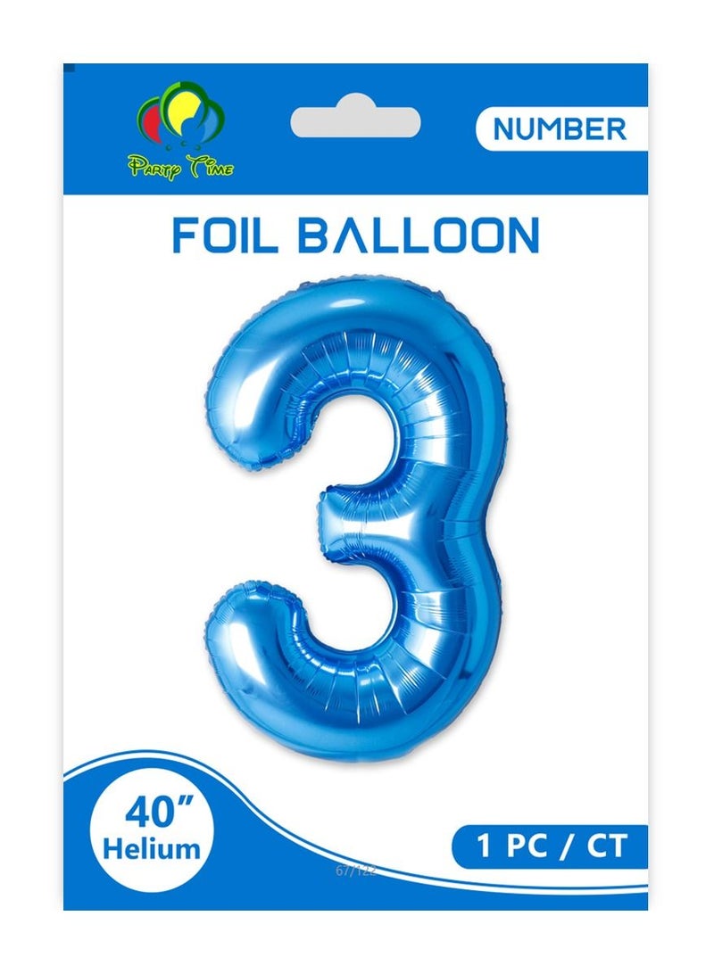 Party Time Number 3 Foil Balloon 40-inch Blue - Image 1