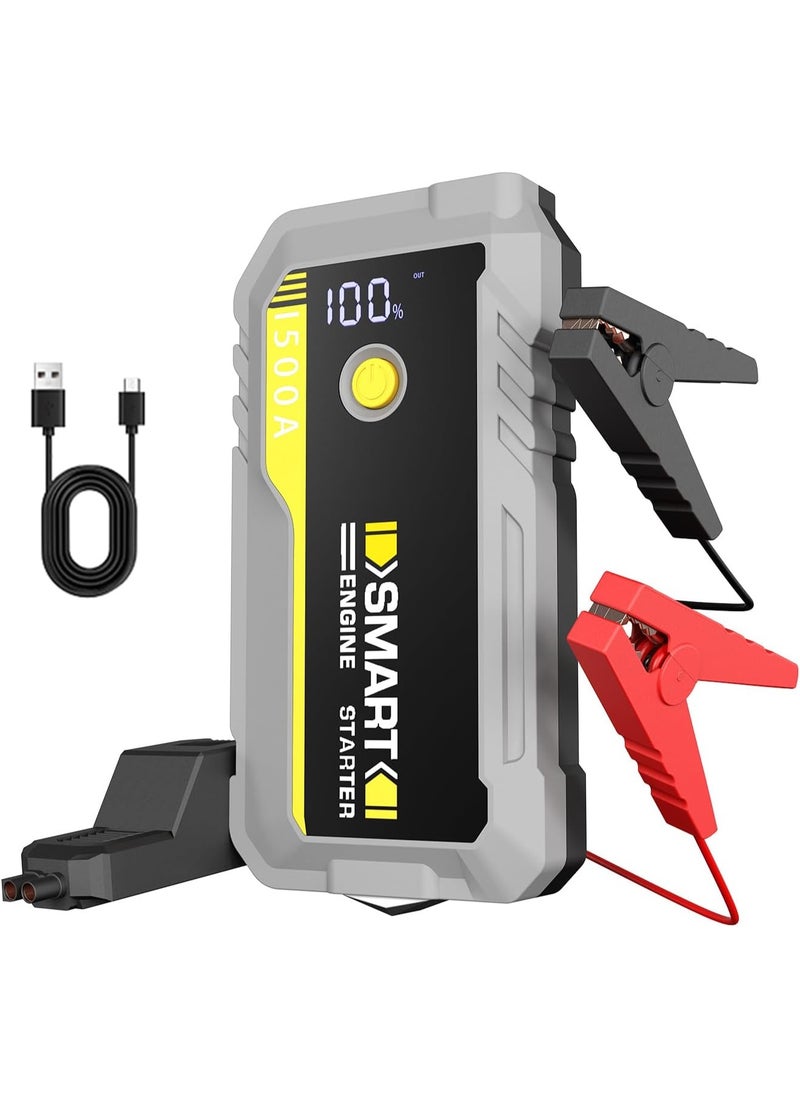 Raxoom Car Jump Starter 1500A,12V Car Battery Jump Starter Portable, 3 Modes LED Light, Battery Booster, LCD Display, Portable Charger, Storage Case and Jumper Cables for for 7.0L Gas and 5.0L Diesel Engines  - Image 1