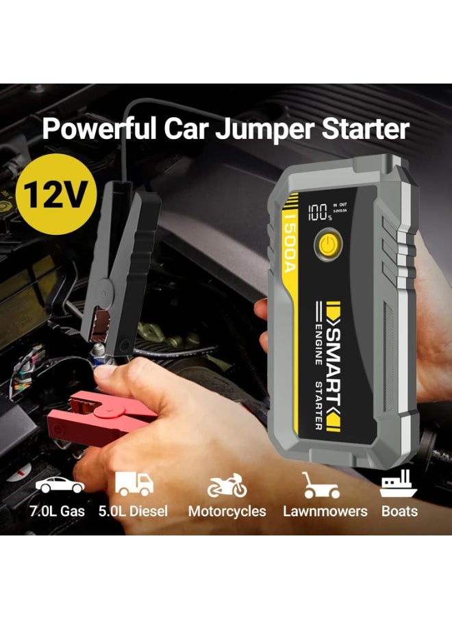 Raxoom Car Jump Starter 1500A,12V Car Battery Jump Starter Portable, 3 Modes LED Light, Battery Booster, LCD Display, Portable Charger, Storage Case and Jumper Cables for for 7.0L Gas and 5.0L Diesel Engines  - Image 3