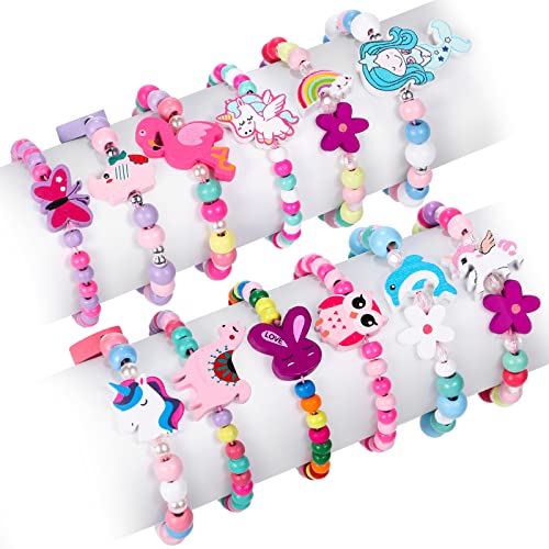 G.C 12 Pcs Girls Bracelets Jewelry for Kids Cute Unicorn Mermaid Animal Pendant Colorful Wooden Beaded Bracelets Princess Pretend Play Gifts for Toddlers - Image 1