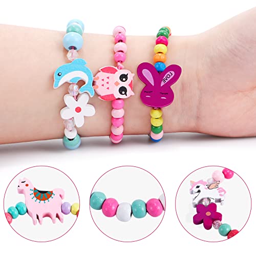 G.C 12 Pcs Girls Bracelets Jewelry for Kids Cute Unicorn Mermaid Animal Pendant Colorful Wooden Beaded Bracelets Princess Pretend Play Gifts for Toddlers - Image 2