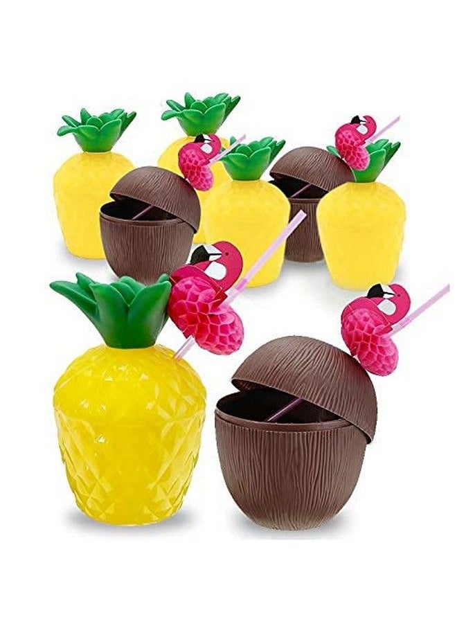 G.CORE Pineapple Drink Cups Coconut Cups 12Pcs Luau Party Decorations Pineapple Cups With Lids And Straws Flamingo Decal Hawaii Bachelorette Birthday Aloha Party Supplies For Adults Kids Favors  - Image 1