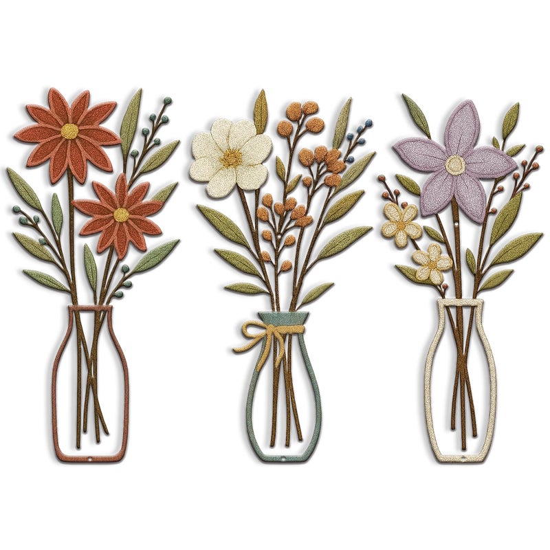 CarryWise 3 Piece Metal Flower Wall Art for Bedroom Living Room Rustic Farmhouse Floral Wall Decor for Bathroom Dining Room Boho Home Decorations Modern Minimalism Walls Hanging SculpturesRed Purple - Image 2