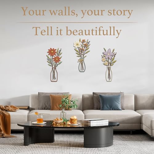 CarryWise 3 Piece Metal Flower Wall Art for Bedroom Living Room Rustic Farmhouse Floral Wall Decor for Bathroom Dining Room Boho Home Decorations Modern Minimalism Walls Hanging SculpturesRed Purple - Image 3