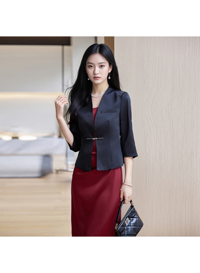 Teluoman Lightweight Blazer For Women, Summer Mid-sleeve New Chinese Style Elegant Office Wear, Trendy Professional Collarless Suit Jacket