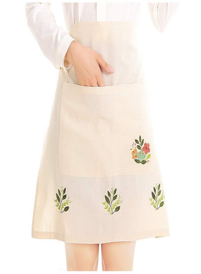 Love Potato Fashion Embroidered Beige Tea Apron, Housework Kitchen Half Waist Aprons for Women with Pocket, 22.4 x 21.2 Inches - Image 1