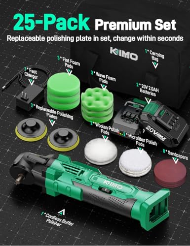 KIMO 20V Cordless Buffer Polisher Kit, 25Pcs Polishing Kit, 6 Speeds to 6000RPM/2*2000mAh Batteries Cordless Polisher, Fast Charger, Cordless Buffer Polisher for Car Detailing/Polishing/Buffing/Waxing - Image 3