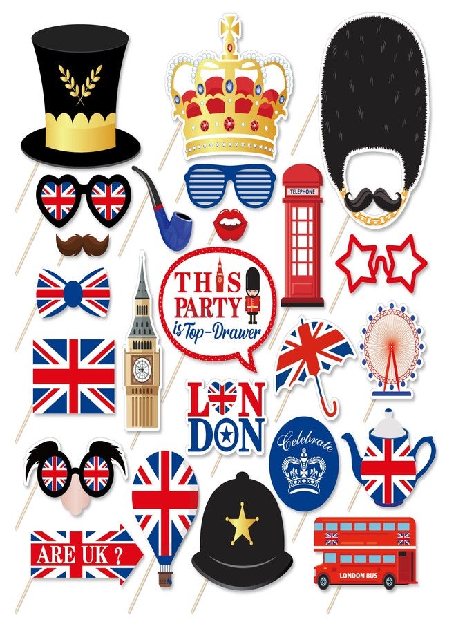 Lide Road 25Pcs British Photo Booth Props British National Day Party Decorations British Party Props UK England Selfie Props with Stick for London National Day Party Decorations - Image 1