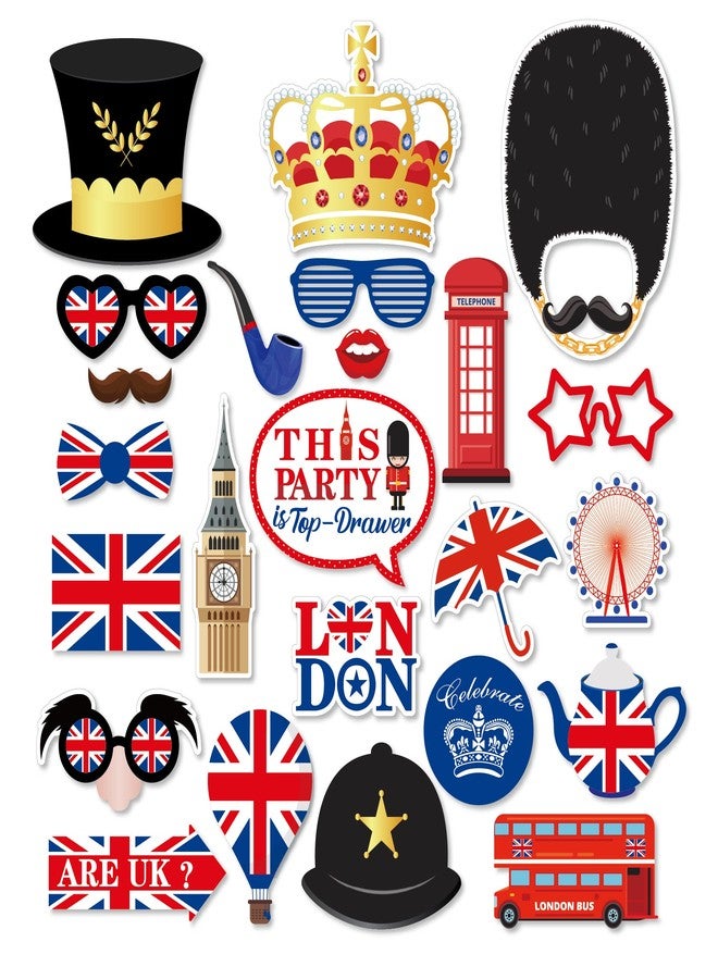 Lide Road 25Pcs British Photo Booth Props British National Day Party Decorations British Party Props UK England Selfie Props with Stick for London National Day Party Decorations - Image 2