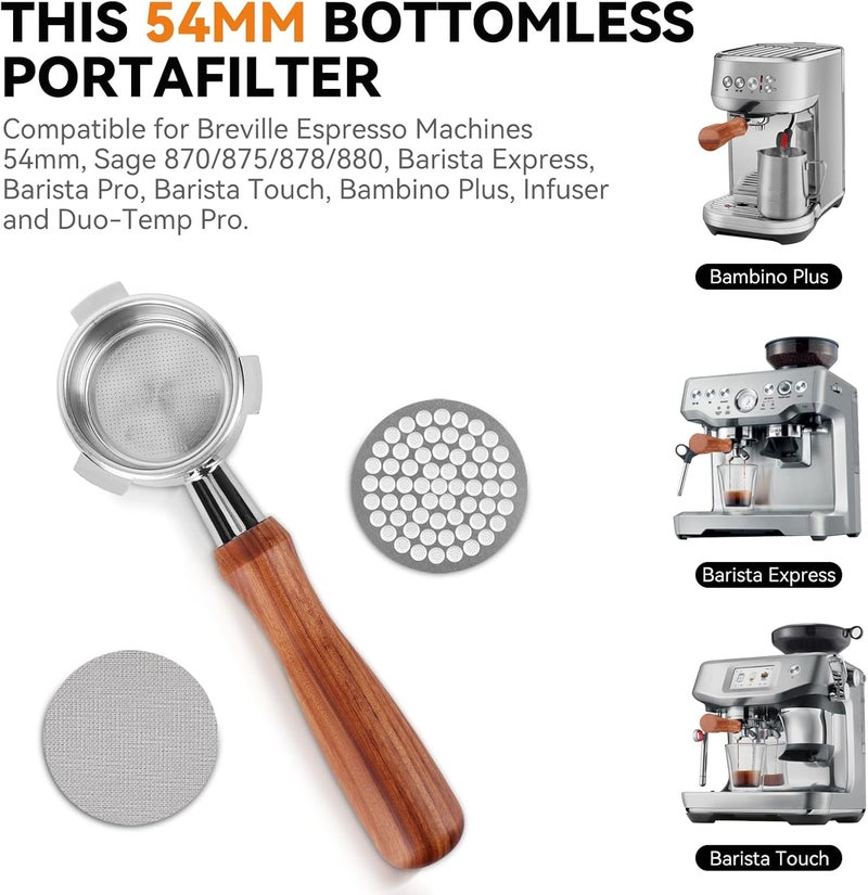 GreeSuit 54mm Bottomless Portafilter with Puck Screen Compatible for Breville Barista Espresso, 2Pack Stainless Steel Puck Screen for 54mm Bottomless Portafilter with Solid Wood Handle - Image 3