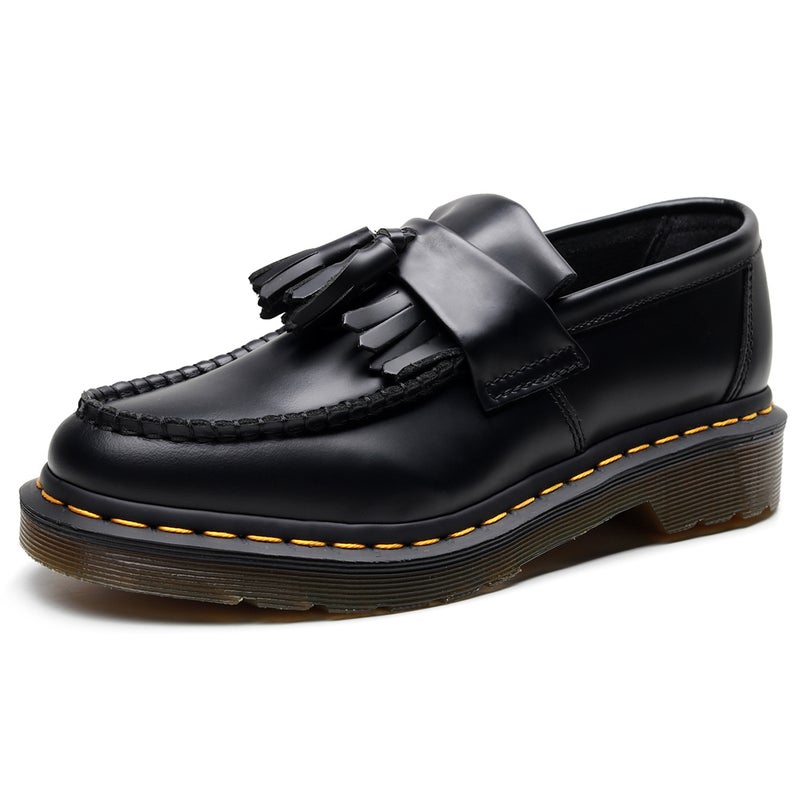 Tassel loafers womens leather low-top DR Martin shoes Womens British style fashionable round toe casual shoes for students plus size Black 