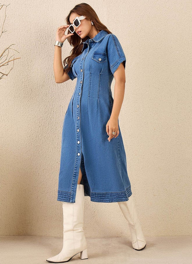 StyleStone فستان قميص جينز من ستايل ستون بتفاصيل جيب وطيّات مجمعة - Image 5
