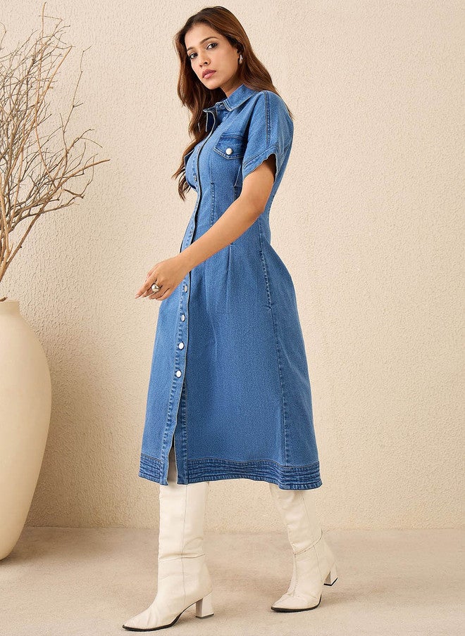StyleStone فستان قميص جينز من ستايل ستون بتفاصيل جيب وطيّات مجمعة - Image 3