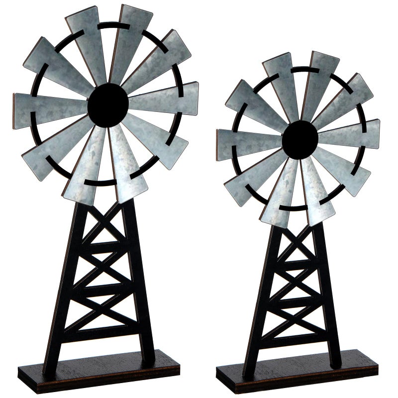 Yalikop Set of 2 Wooden Farmhouse Windmill Table Top Decor Wood Small Distressed Black Grey Rustic Windmill Themed Table Decor for Kitchen Garden Home 