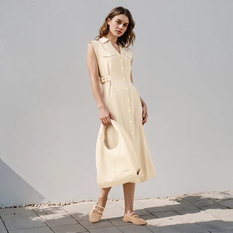 لي كوبر Lee Cooper Sleeveless Belted Shirt Dress