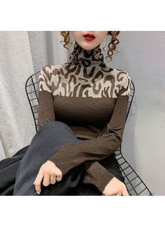 Stylish Inner Womens Polo Turtle Neck Half-Zipper Fleece-Lined Top For Spring 2024 New Arrival Jacquard Base Layer Pullover Brown [without velvet]