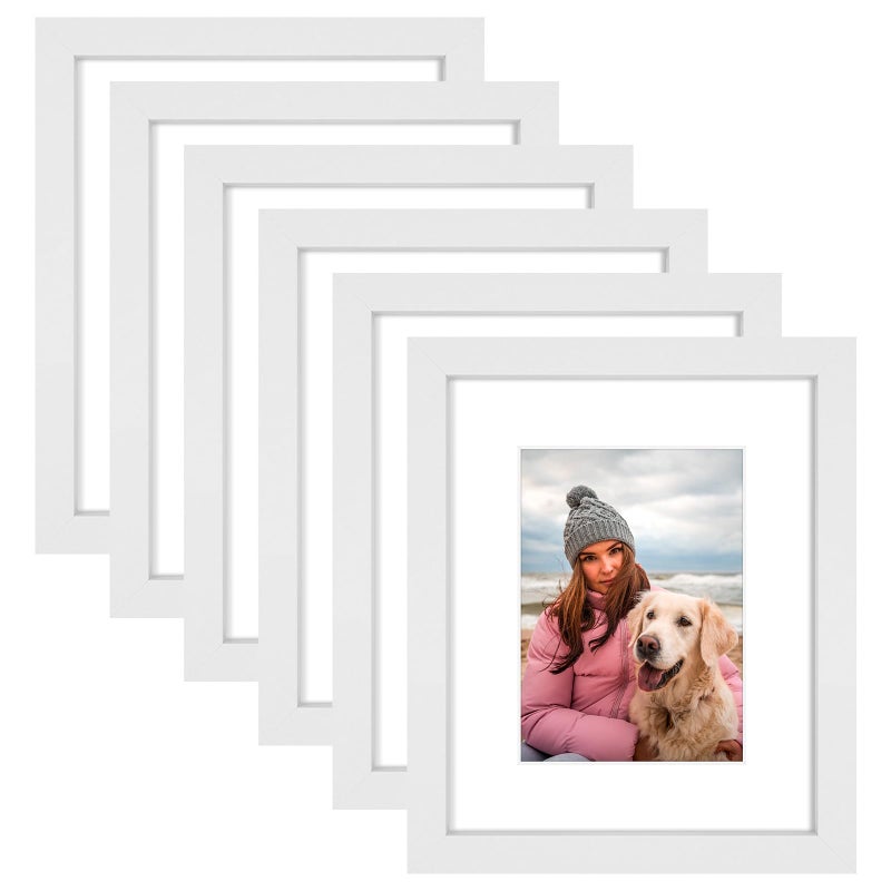 AUEAR 8x10 Picture Frames Set of 6  with Mat for 5x7 or 8x10 without Mat  Composite Wood Gallery Photo Frames with Plexiglass  Wall Mounting (White) - Image 1