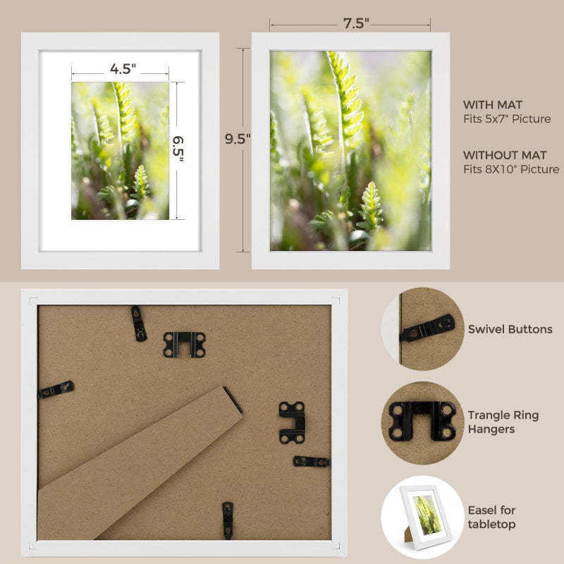 AUEAR 8x10 Picture Frames Set of 6  with Mat for 5x7 or 8x10 without Mat  Composite Wood Gallery Photo Frames with Plexiglass  Wall Mounting (White) - Image 2