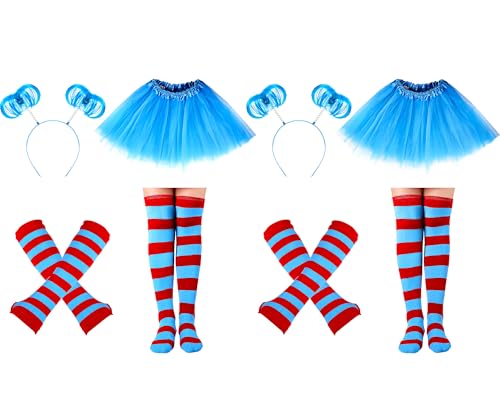 Silicherry 8 Pcs Women Blue Red Striped Costume Set Outfit Accessories Tutu Skirt Long Knee High Sock Striped Glove Headband(Lake Blue, Medium) - Image 1