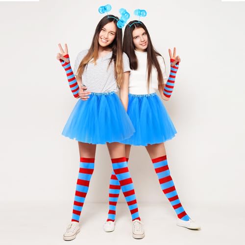 Silicherry 8 Pcs Women Blue Red Striped Costume Set Outfit Accessories Tutu Skirt Long Knee High Sock Striped Glove Headband(Lake Blue, Medium) - Image 4