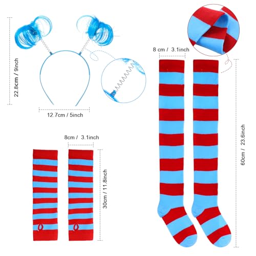 Silicherry 8 Pcs Women Blue Red Striped Costume Set Outfit Accessories Tutu Skirt Long Knee High Sock Striped Glove Headband(Lake Blue, Medium) - Image 2