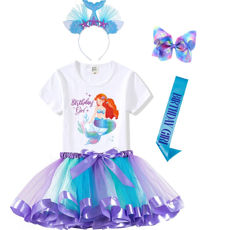Tutu and Sian Mermaid Outfit Set Shirt Rainbow Tutu Dress Satin Sash Headband Birthday Gifts for Girls Costume Rainbow Mermaid 2 3T