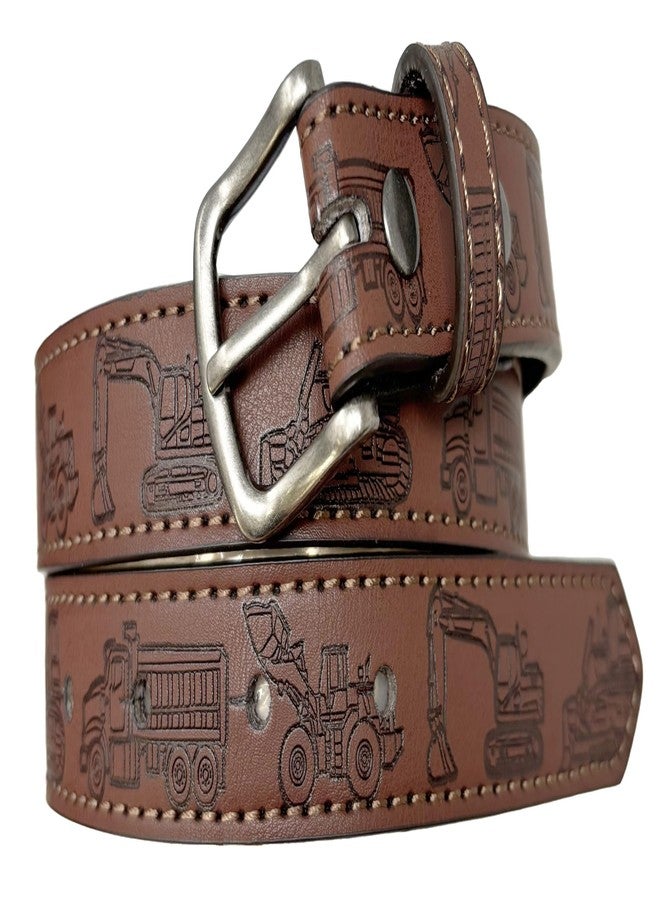 BC Belts حزام جلدي للأطفال من بي سي بيلتس لمعدات البناء، مزود بإبزيم معدني بعرض 1 بوصة مع أزرار كبس - مناسب للحفارات والشاحنات القلابة والجرافات والجرار (بني - صغير) - Image 1