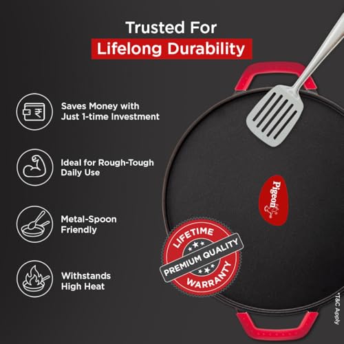 Pigeon by Stovekraft Pre-Seasoned Cast Iron Tawa 30 cm | Pre-Seasoned with 100% Vegetable Oil | Naturally Nonstick | High Pressure Casting | Toxin-Free |Nostalgic Taste | Double Side Handles|Induction and Gas Stove Compatible - Image 4