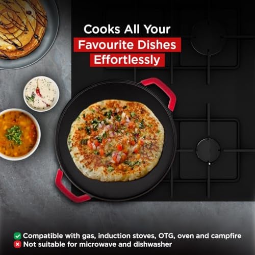 Pigeon by Stovekraft Pre-Seasoned Cast Iron Tawa 30 cm | Pre-Seasoned with 100% Vegetable Oil | Naturally Nonstick | High Pressure Casting | Toxin-Free |Nostalgic Taste | Double Side Handles|Induction and Gas Stove Compatible - Image 5