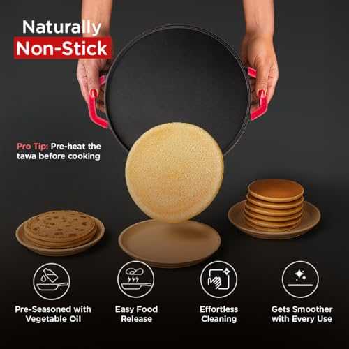 Pigeon by Stovekraft Pre-Seasoned Cast Iron Tawa 30 cm | Pre-Seasoned with 100% Vegetable Oil | Naturally Nonstick | High Pressure Casting | Toxin-Free |Nostalgic Taste | Double Side Handles|Induction and Gas Stove Compatible - Image 2